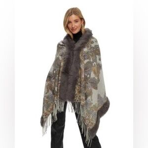 Paisley Poncho/Cape with Faux Fur Collar Trim
